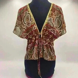 Trixxi Date Night Front Tie Top with Gold Braid Trim & Sequin Detail at Neckline